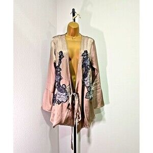 Boho Fairy Chic Satin Taupe Applique Embroidered Belted Kimono Jacket Womens Lge